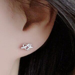 Zircon Stud Earrings Heart Shaped  Silver Tone New